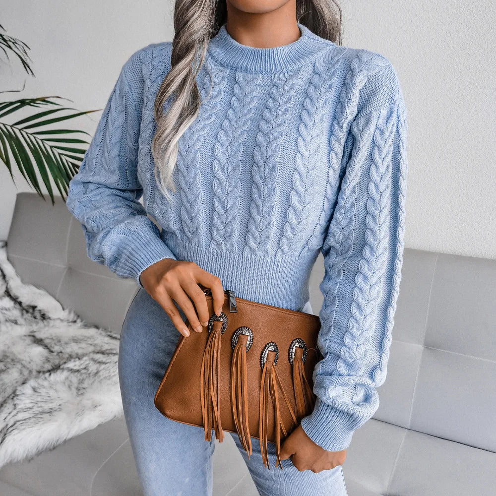 Short Pullover Jumper Women Autumn and Winter New Round Neck Solid Colour Knitted Sweater