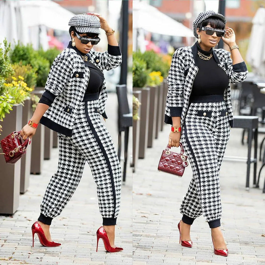 2025 Autumn and winter ladies streetwear casual suit houndstooth button coat trousers two piece pants set women clothing