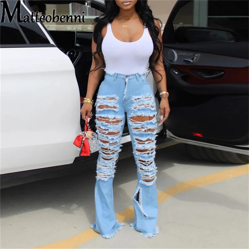 2026 Ripped Jeans For Women High Waist Elasticity Jeans Fashion Flare Jeans With Holes Vintage Bell Bottom Jeans Womens Clothing