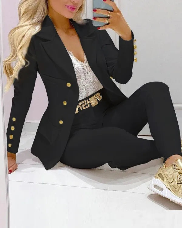 2024 Women's Casual Elegant Small Suit New Solid Color Two-Piece Set for Spring and Autumn Skinny Fit with Button Decoration