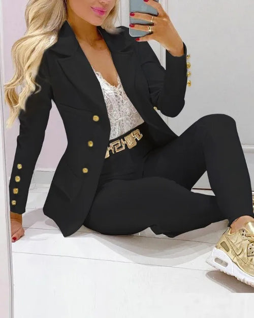 2024 Women's Casual Elegant Small Suit New Solid Color Two-Piece Set for Spring and Autumn Skinny Fit with Button Decoration