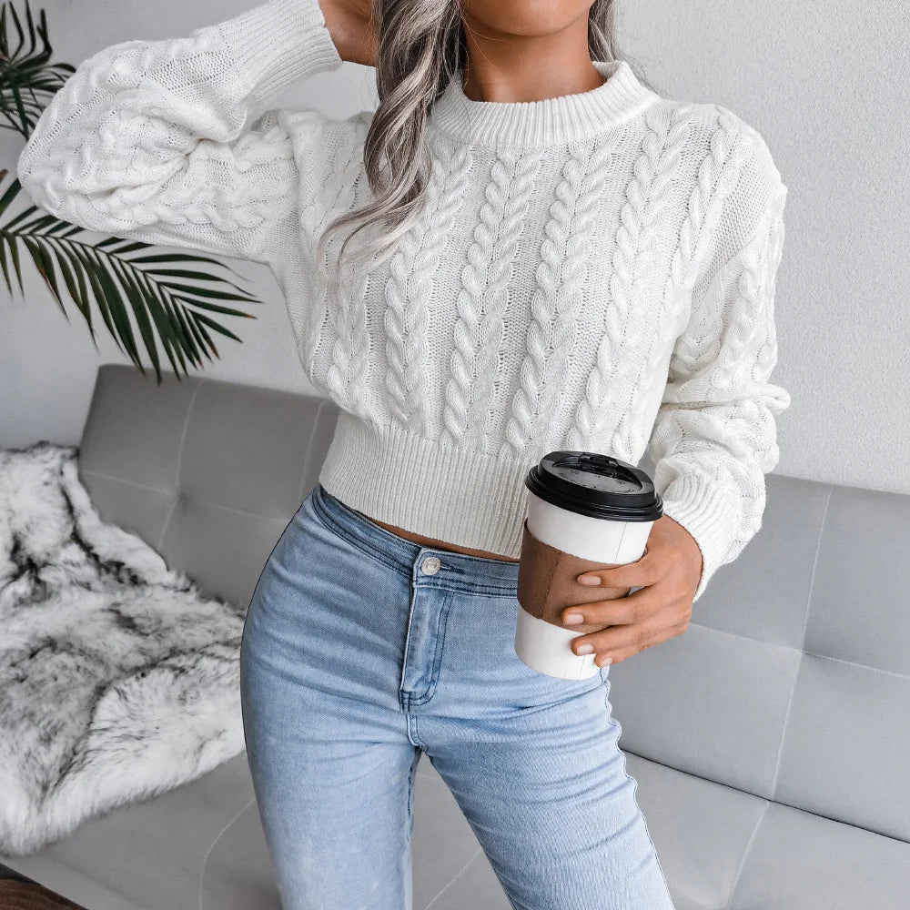 Short Pullover Jumper Women Autumn and Winter New Round Neck Solid Colour Knitted Sweater