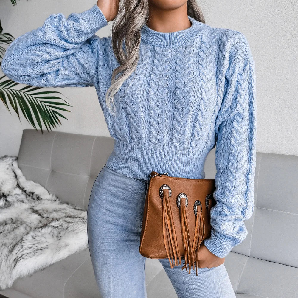 Short Pullover Jumper Women Autumn and Winter New Round Neck Solid Colour Knitted Sweater