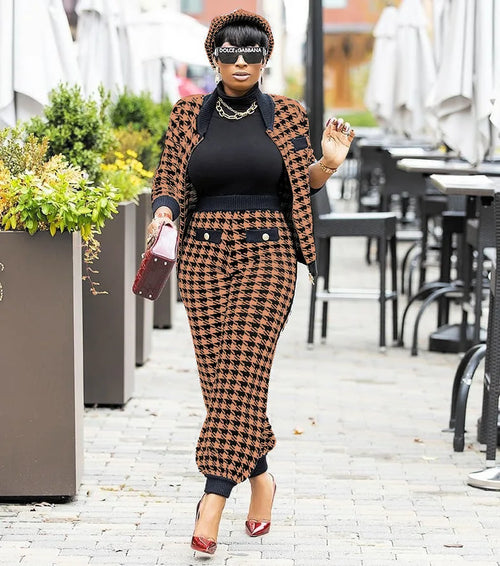 2025 Autumn and winter ladies streetwear casual suit houndstooth button coat trousers two piece pants set women clothing