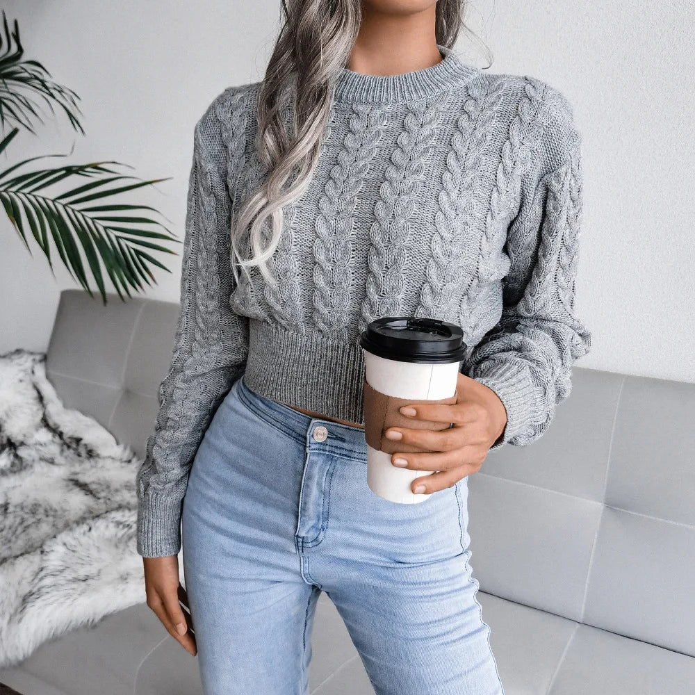 Short Pullover Jumper Women Autumn and Winter New Round Neck Solid Colour Knitted Sweater