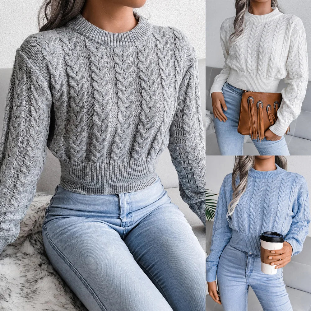 Short Pullover Jumper Women Autumn and Winter New Round Neck Solid Colour Knitted Sweater