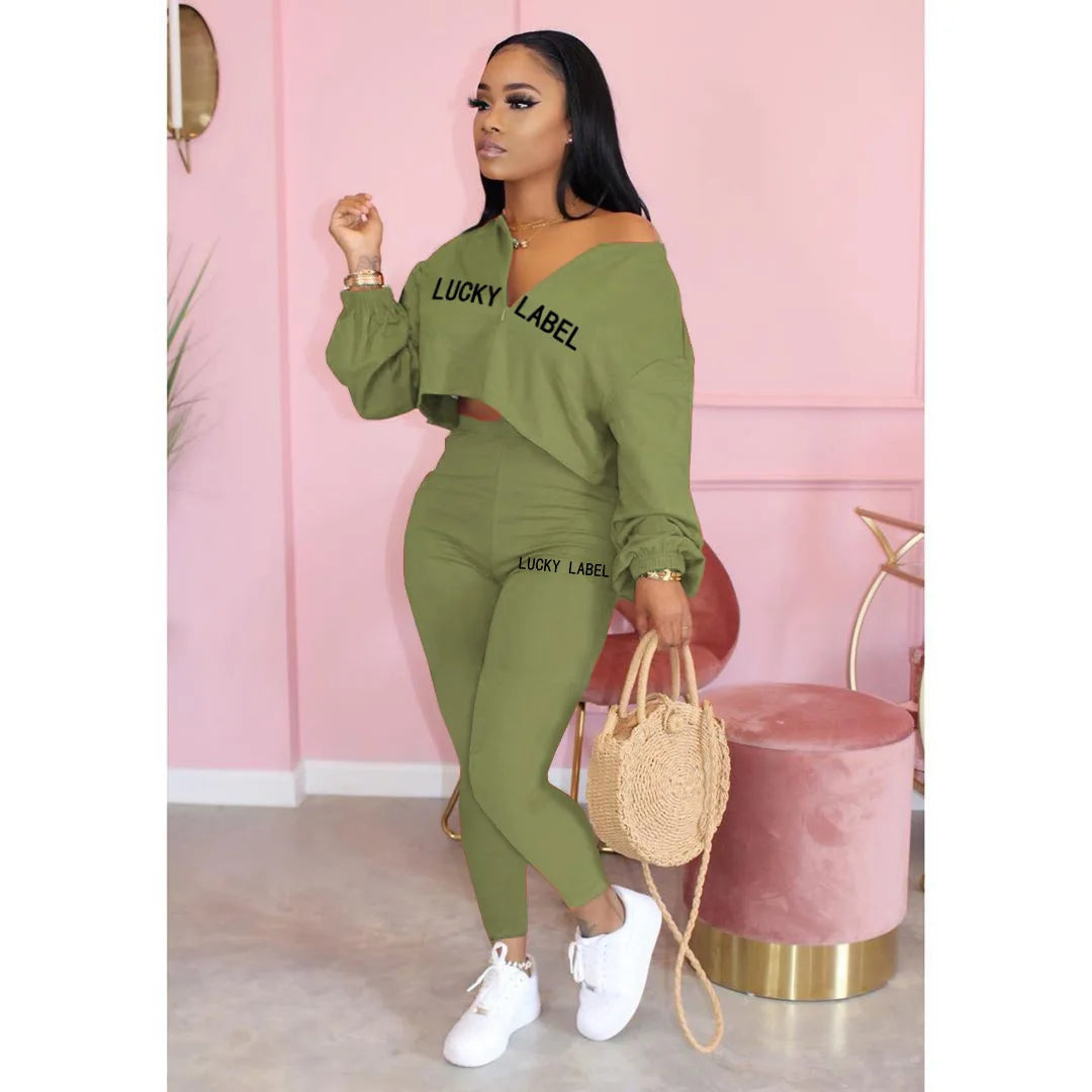 2021 Fall Clothes for Women Letter Printing Casual Elastic Waist Loungewear Women Fashion New Arrival Long Sleeve Two Piece Set