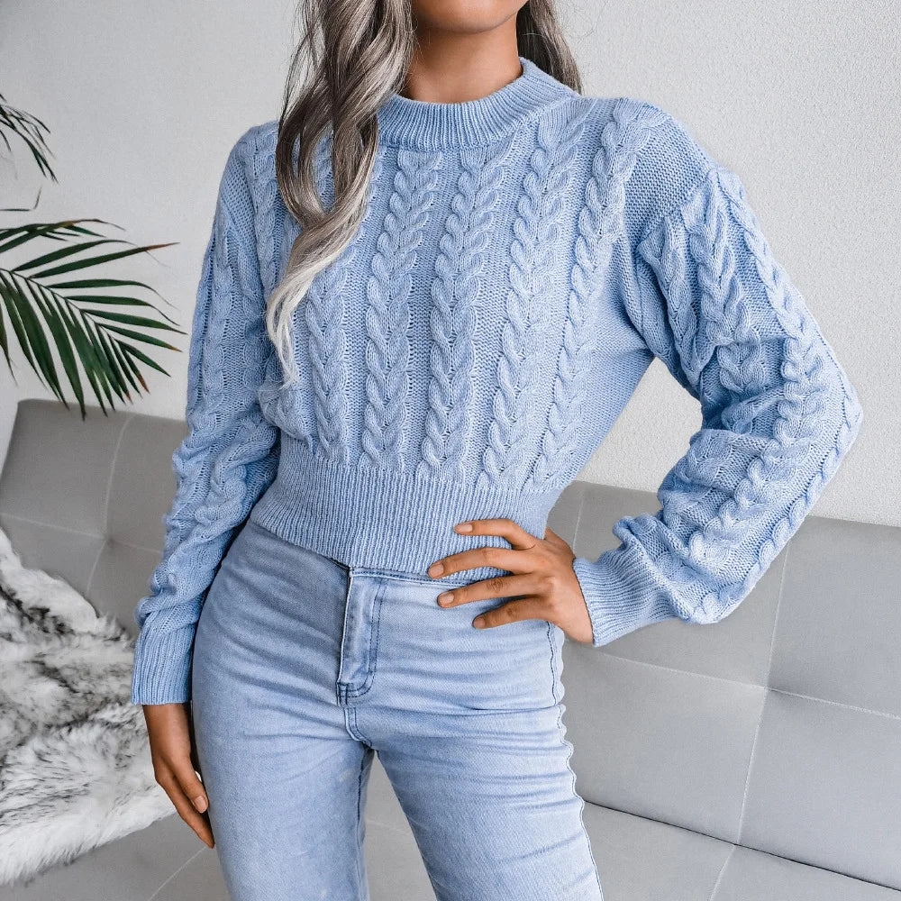 Short Pullover Jumper Women Autumn and Winter New Round Neck Solid Colour Knitted Sweater
