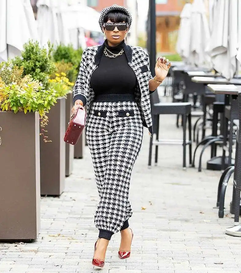 2025 Autumn and winter ladies streetwear casual suit houndstooth button coat trousers two piece pants set women clothing