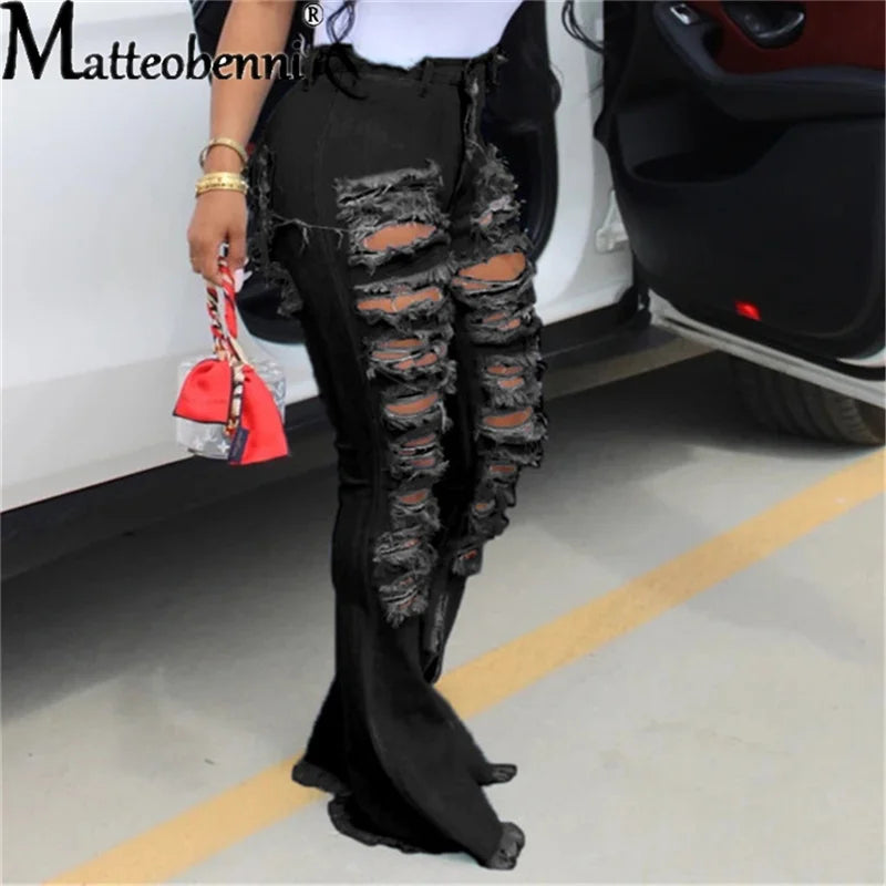 2026 Ripped Jeans For Women High Waist Elasticity Jeans Fashion Flare Jeans With Holes Vintage Bell Bottom Jeans Womens Clothing
