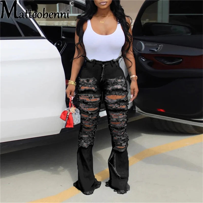 2026 Ripped Jeans For Women High Waist Elasticity Jeans Fashion Flare Jeans With Holes Vintage Bell Bottom Jeans Womens Clothing