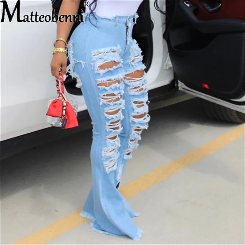 2026 Ripped Jeans For Women High Waist Elasticity Jeans Fashion Flare Jeans With Holes Vintage Bell Bottom Jeans Womens Clothing
