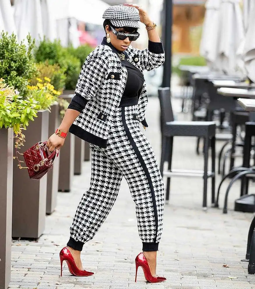 2025 Autumn and winter ladies streetwear casual suit houndstooth button coat trousers two piece pants set women clothing