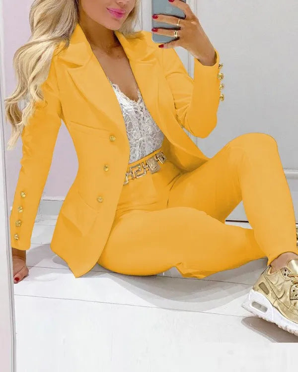 2024 Women's Casual Elegant Small Suit New Solid Color Two-Piece Set for Spring and Autumn Skinny Fit with Button Decoration