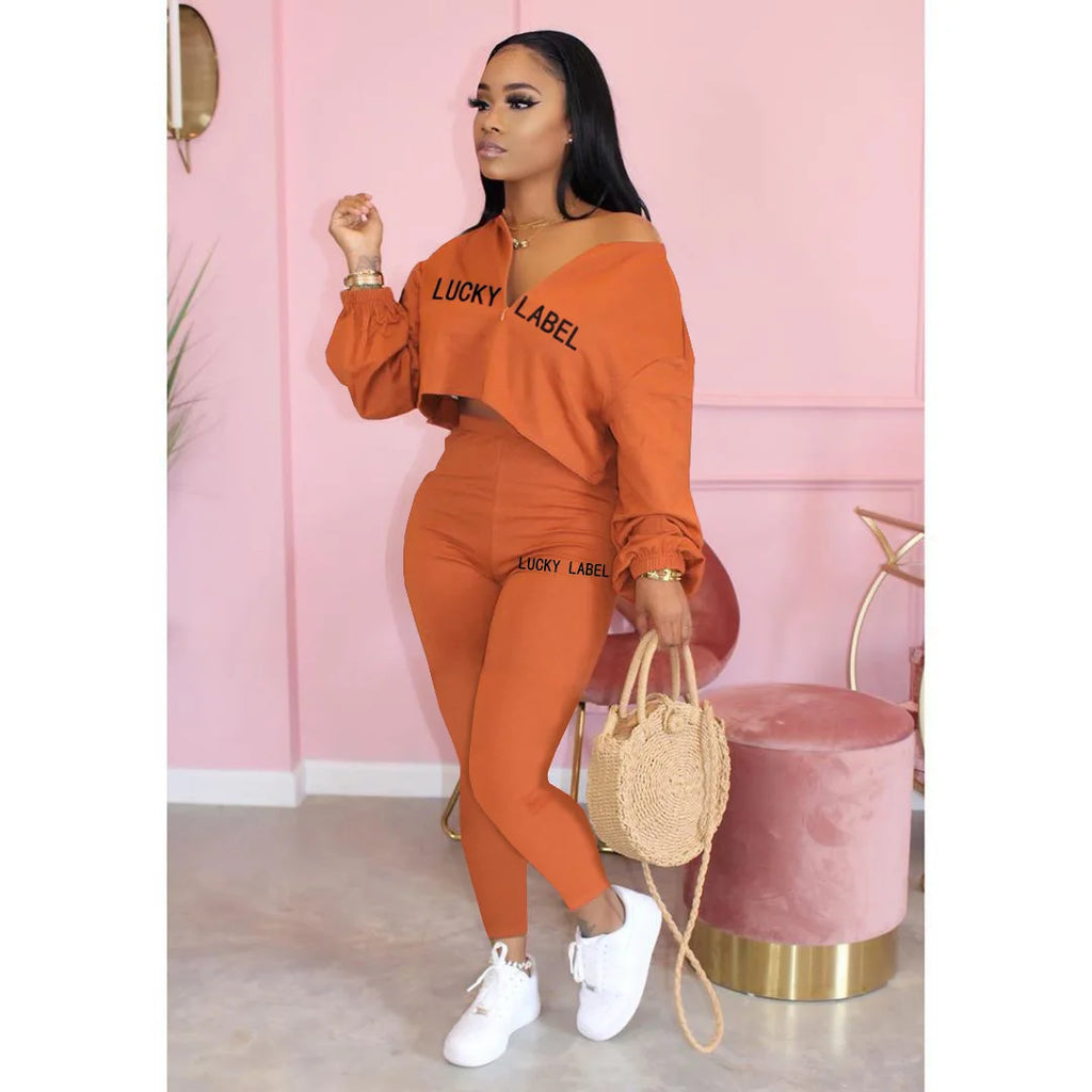 2021 Fall Clothes for Women Letter Printing Casual Elastic Waist Loungewear Women Fashion New Arrival Long Sleeve Two Piece Set