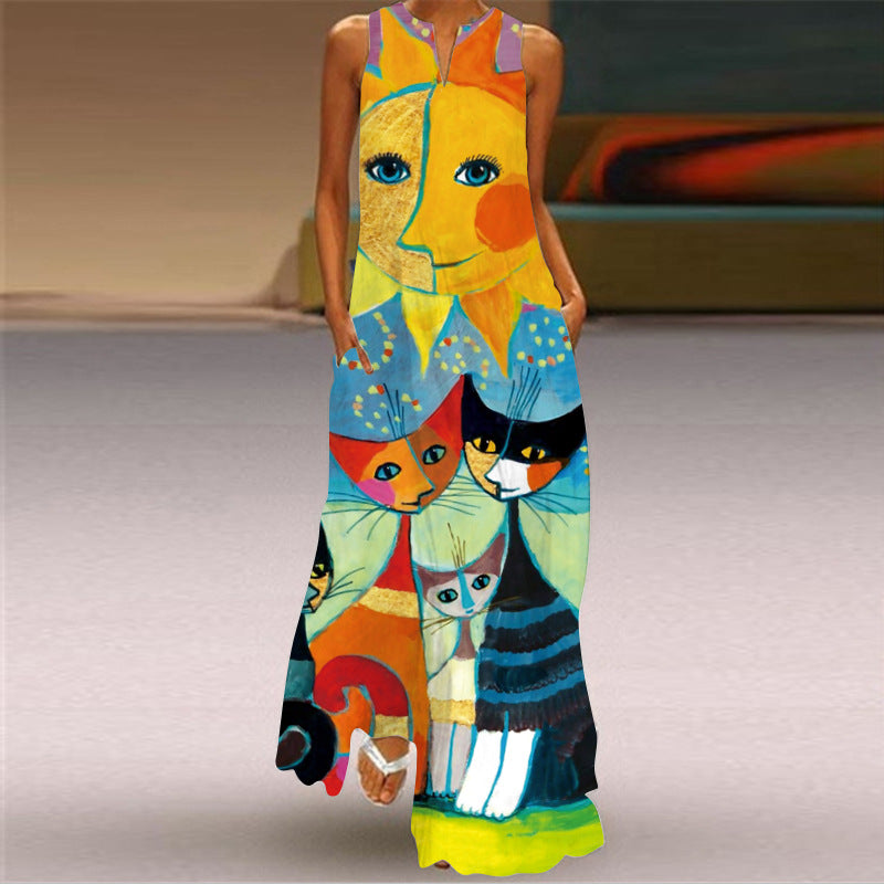 2026 New Summer Women's Sleeveless Long Dress V-Neck Printed Retro Dress European and American Cross-Border Foreign Trade Women's Clothing