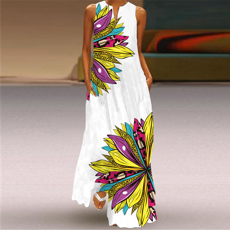 2026 New Summer Women's Sleeveless Long Dress V-Neck Printed Retro Dress European and American Cross-Border Foreign Trade Women's Clothing