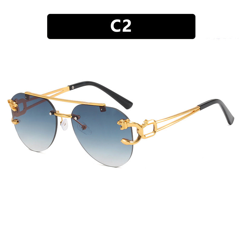 Cross-Border Rimless Toad Mirror Driving Sunglasses Leopard Sunglasses European and American Retro Cut-Edge Double-Beam Sunglasses for Men and Women