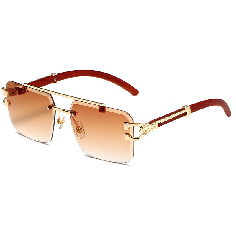 European and American Retro Leopard Frameless Cut Edge Sunglasses Women's Fashion Box Wood Grain Sunglasses Men's Trendy Cross-border Wholesale