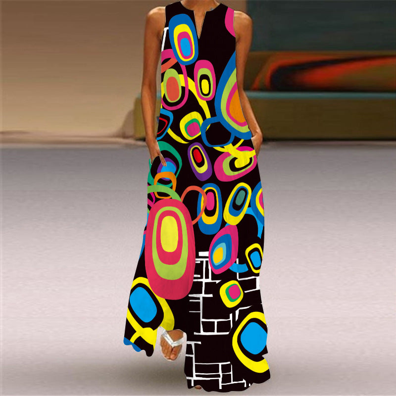 2026 New Summer Women's Sleeveless Long Dress V-Neck Printed Retro Dress European and American Cross-Border Foreign Trade Women's Clothing
