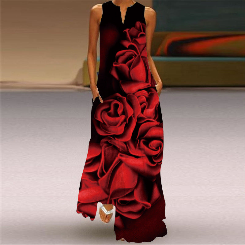 2026 New Summer Women's Sleeveless Long Dress V-Neck Printed Retro Dress European and American Cross-Border Foreign Trade Women's Clothing