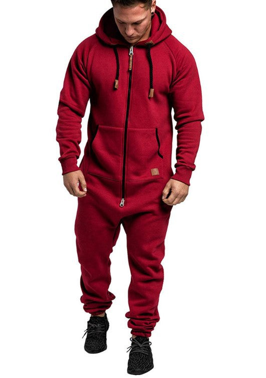 In-Stock New Foreign Trade Men's Hooded Fleece Jumpsuit Solid Color Casual Men's Suit Jumpsuit