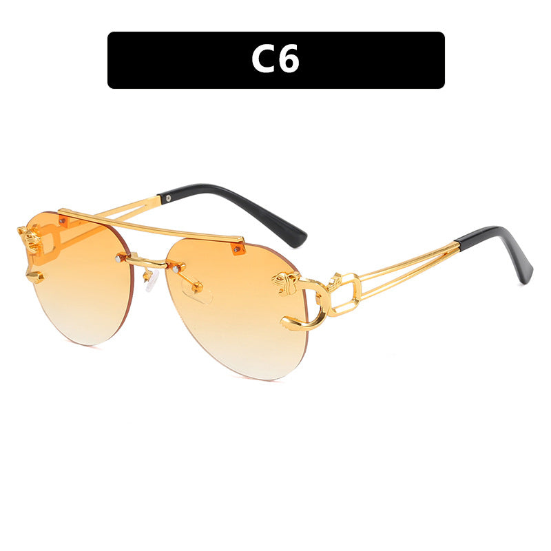 Cross-Border Rimless Toad Mirror Driving Sunglasses Leopard Sunglasses European and American Retro Cut-Edge Double-Beam Sunglasses for Men and Women
