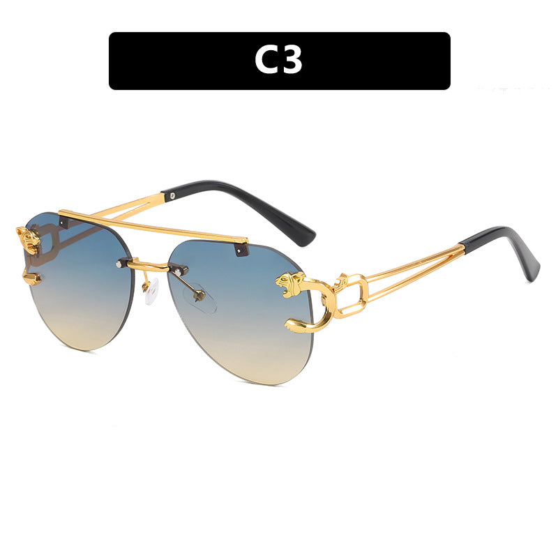 Cross-Border Rimless Toad Mirror Driving Sunglasses Leopard Sunglasses European and American Retro Cut-Edge Double-Beam Sunglasses for Men and Women