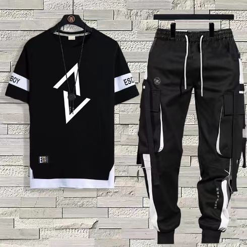 Short-Sleeved T-Shirt Men's Summer Thin Casual Trendy Long Pants Sports Suit Men's Set Loose Half-Sleeved T-Shirt