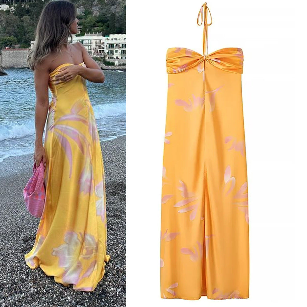 Aliexpress Saw Independent Site Women's Clothing Hip-Hugging Long Dress with Printed Design, Tie-Up Halter Neck, and Strapless Dress