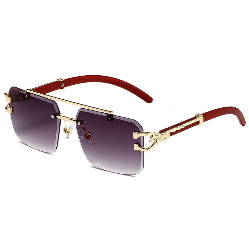 European and American Retro Leopard Frameless Cut Edge Sunglasses Women's Fashion Box Wood Grain Sunglasses Men's Trendy Cross-border Wholesale