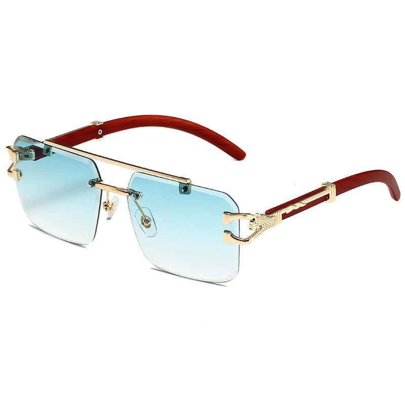 European and American Retro Leopard Frameless Cut Edge Sunglasses Women's Fashion Box Wood Grain Sunglasses Men's Trendy Cross-border Wholesale