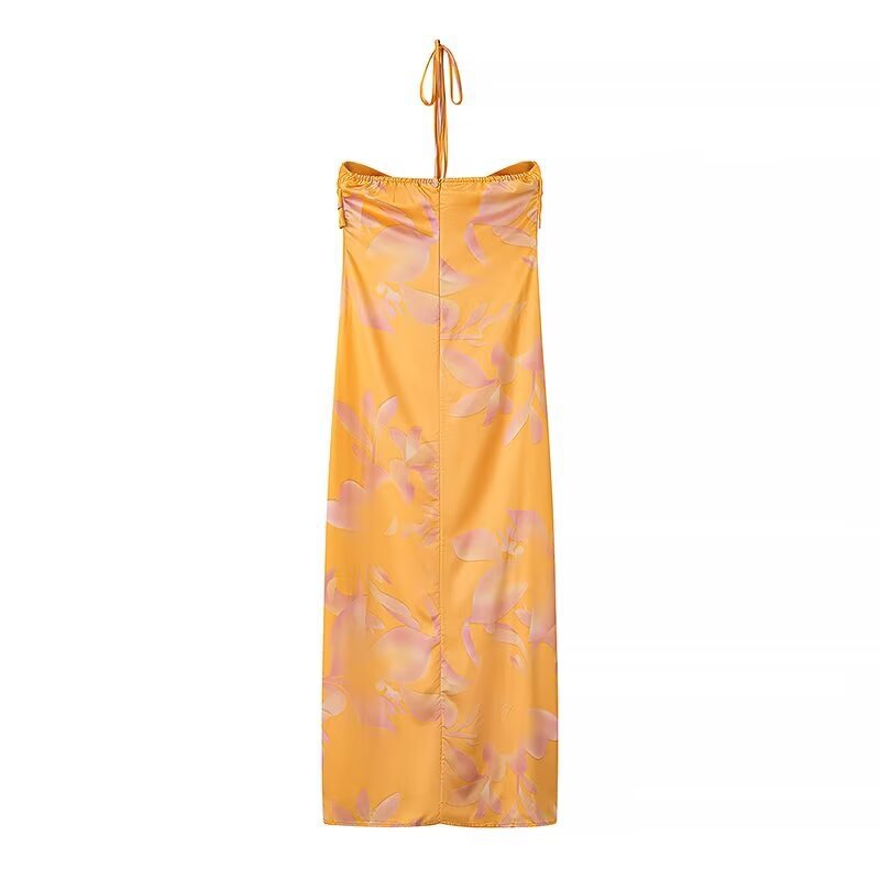 Aliexpress Saw Independent Site Women's Clothing Hip-Hugging Long Dress with Printed Design, Tie-Up Halter Neck, and Strapless Dress