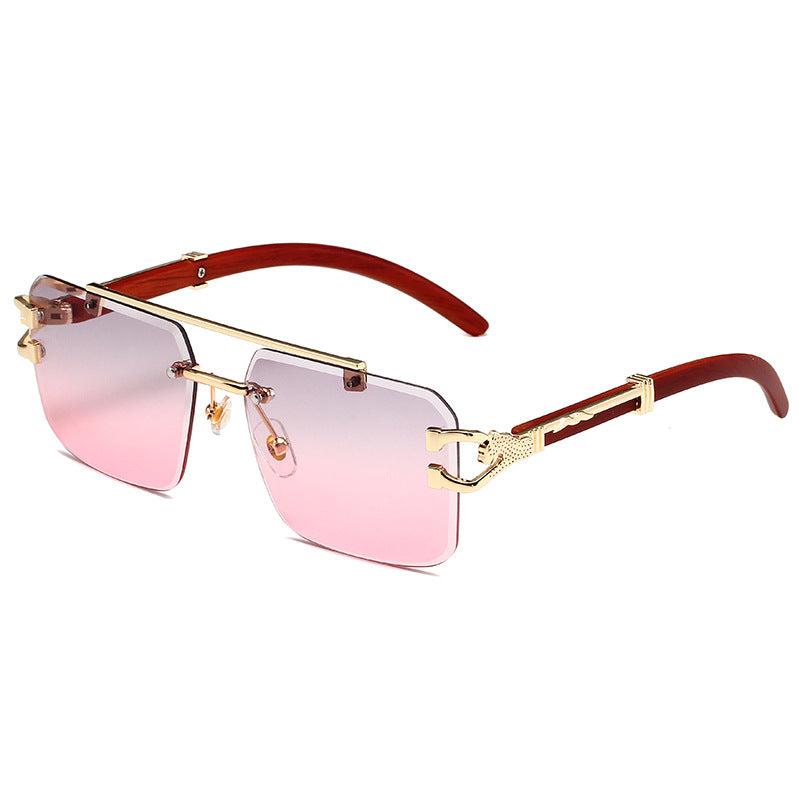 European and American Retro Leopard Frameless Cut Edge Sunglasses Women's Fashion Box Wood Grain Sunglasses Men's Trendy Cross-border Wholesale
