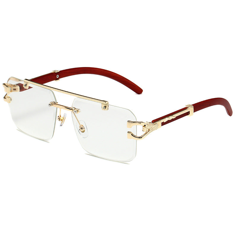 European and American Retro Leopard Frameless Cut Edge Sunglasses Women's Fashion Box Wood Grain Sunglasses Men's Trendy Cross-border Wholesale
