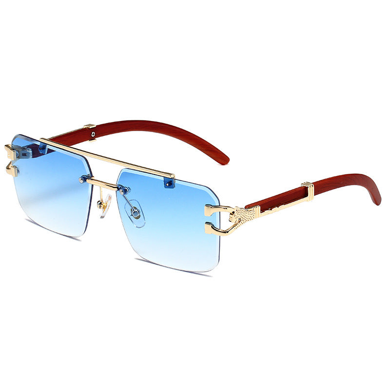 European and American Retro Leopard Frameless Cut Edge Sunglasses Women's Fashion Box Wood Grain Sunglasses Men's Trendy Cross-border Wholesale