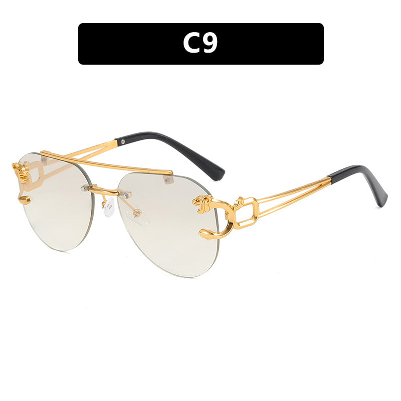 Cross-Border Rimless Toad Mirror Driving Sunglasses Leopard Sunglasses European and American Retro Cut-Edge Double-Beam Sunglasses for Men and Women