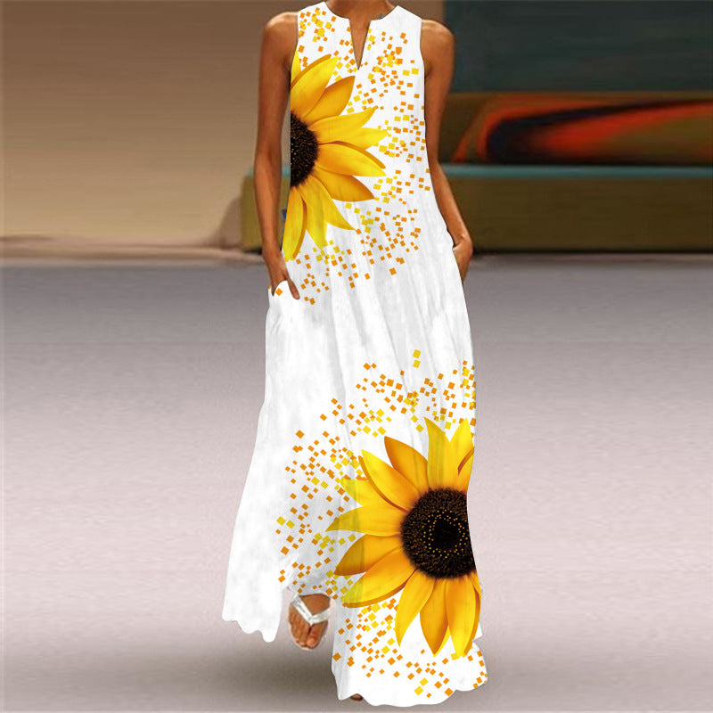 2026 New Summer Women's Sleeveless Long Dress V-Neck Printed Retro Dress European and American Cross-Border Foreign Trade Women's Clothing