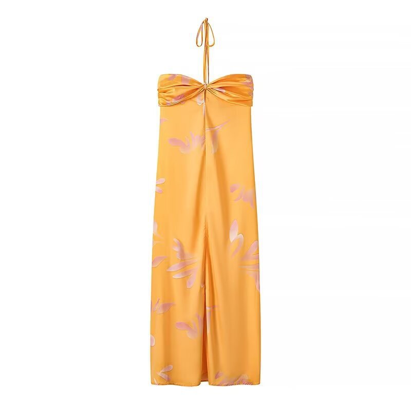 Aliexpress Saw Independent Site Women's Clothing Hip-Hugging Long Dress with Printed Design, Tie-Up Halter Neck, and Strapless Dress