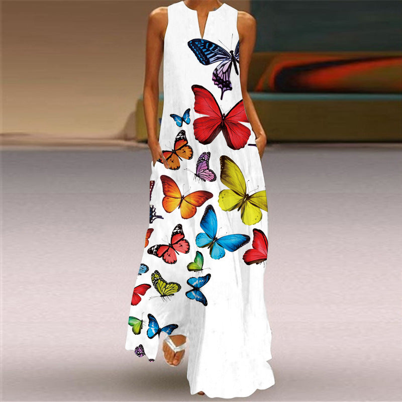 2026 New Summer Women's Sleeveless Long Dress V-Neck Printed Retro Dress European and American Cross-Border Foreign Trade Women's Clothing