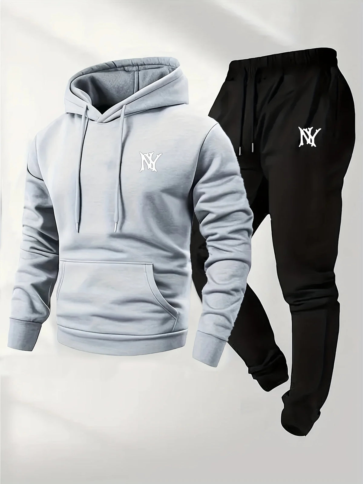 Men  Letter Logo Print Hoodie Tracksuit 2 Piece Set Solid Black Pullover Hooded Sweatshirt Jogger Pants New York Street Outfit