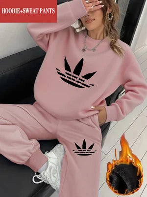 2Pc Creative Printed Y2K Style Autumn and Winter Hot-Selling Women's Fashion Casual Sports Fleece-Lined Crewneck Sweatshirt and Sweatpants Set