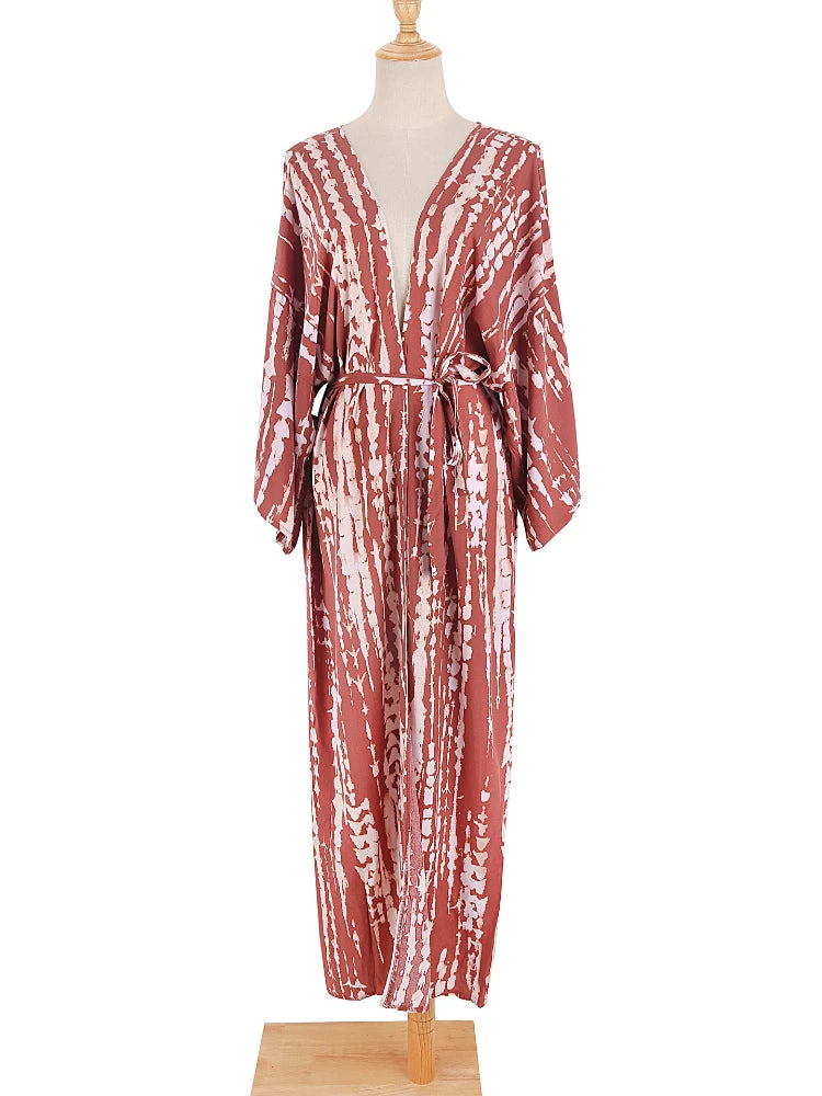 Bikini Cover Up Tie Dye Printed Women Long Beach Kimono Swimsuit Cape 2022 New Summer Beachwear Self Belted Bathing Suit