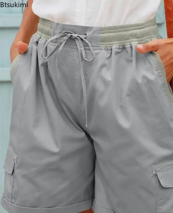 2026 Women's Cargo Shorts Pants Elastic Waist Short Pants Cotton Linen Pocket Summer Beach Solid Color Sliming Breathable Shorts