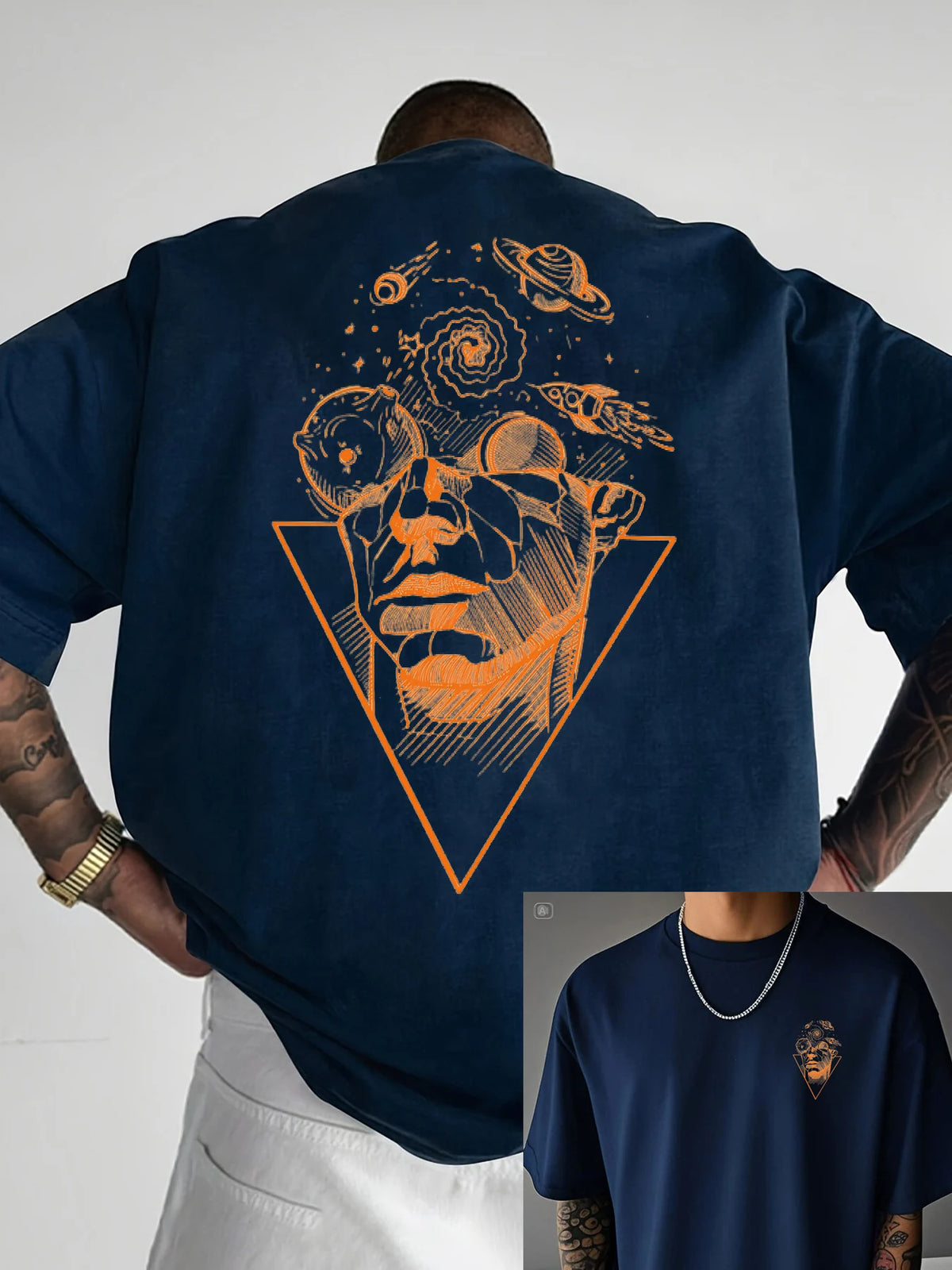 Men's summer 100_ pure cotton casual loose creative pattern front and back printed sports round neck short sleeved T-shirt top
