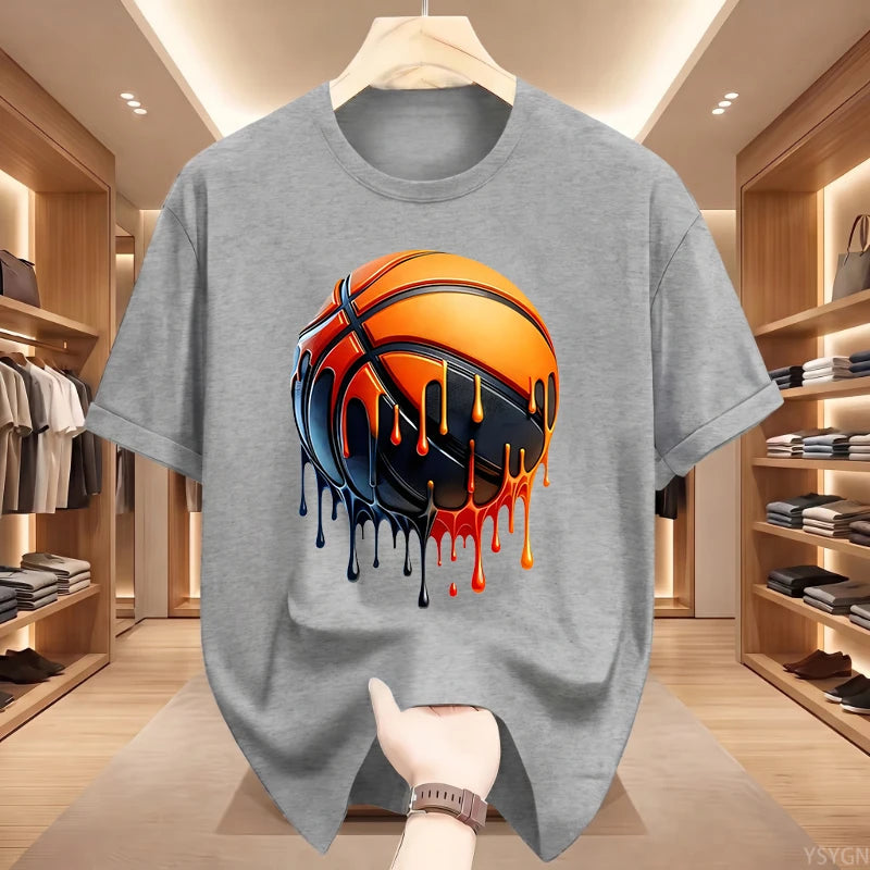 Men's Dripping Basketball Graphic T-Shirt, Streetwear Hip Hop Tee, Oversized Fit, WHITE Top for Men, Trendy Summer Style