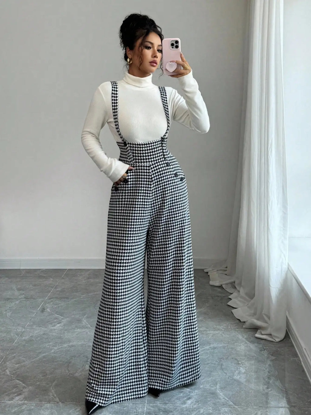 Overalls for Women's Winter Jumpsuit Black White Vintage Wide Leg Suspender Pants for Office Commute Casual Female Clothing