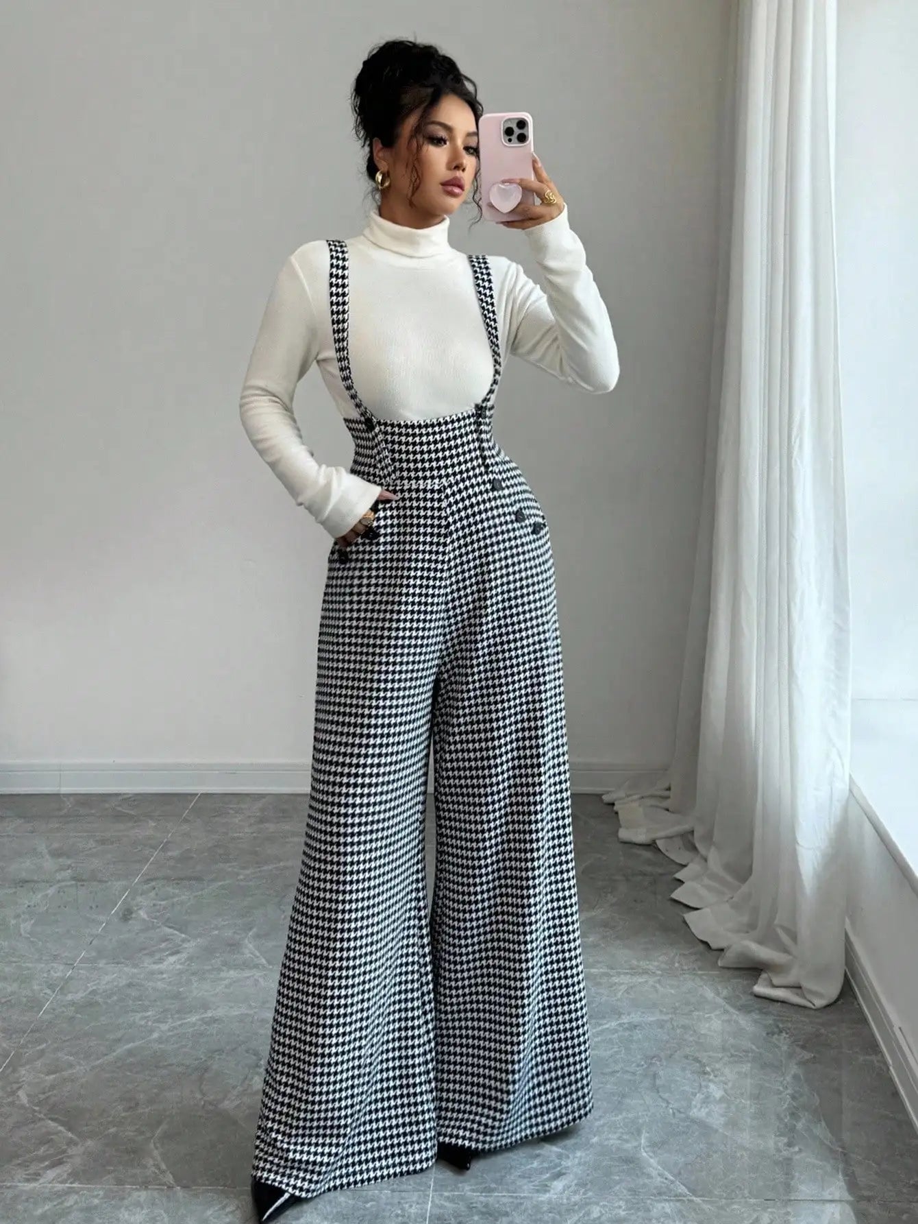 Overalls for Women's Winter Jumpsuit Black White Vintage Wide Leg Suspender Pants for Office Commute Casual Female Clothing