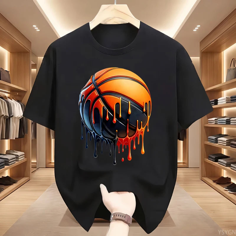 Men's Dripping Basketball Graphic T-Shirt, Streetwear Hip Hop Tee, Oversized Fit, WHITE Top for Men, Trendy Summer Style
