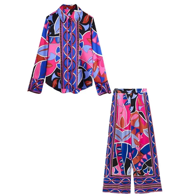 Casual Summer Suit Flowing Print Loose Sleepwear Women 2 Piece Long Sleeve Wide Leg Pants Women Pajamas Set Pijama  Pyjama
